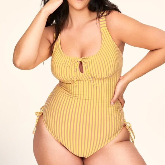Adore Me Natasha Swimsuit Yellow Pink Tank Stripes Conch - Picture 2 of 7